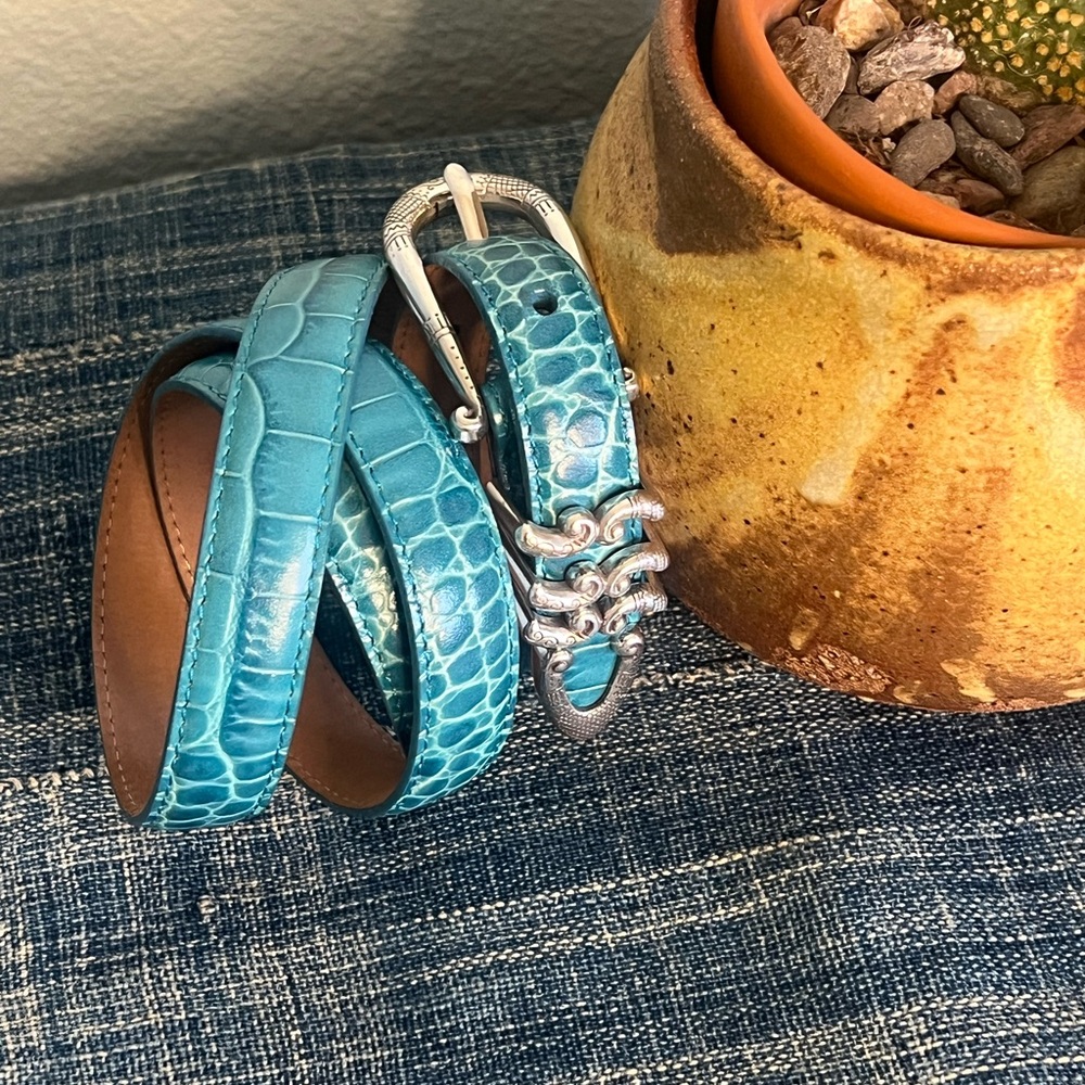 🌵💙 Brighton Turquoise Croc-Embossed Leather Belt | Silver Hardware